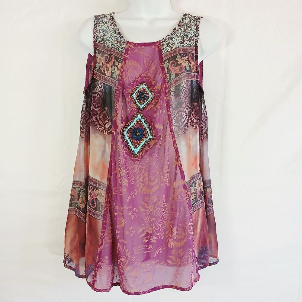 Nick And Me Top Sleeveless  Beads Sheer Colorful Peak Hole Sz M  Boho Peasant